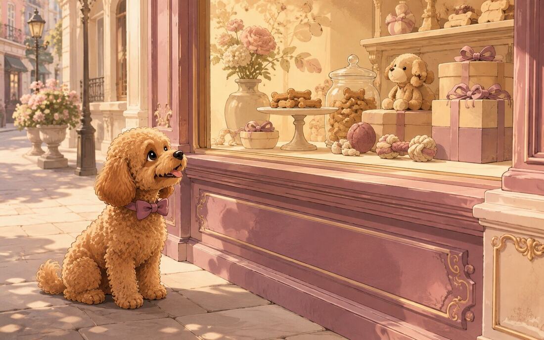 Teddy, Claudia’s warm-brown curly poodle mascot wearing his mauve bow tie, outside a Parisian boutique.